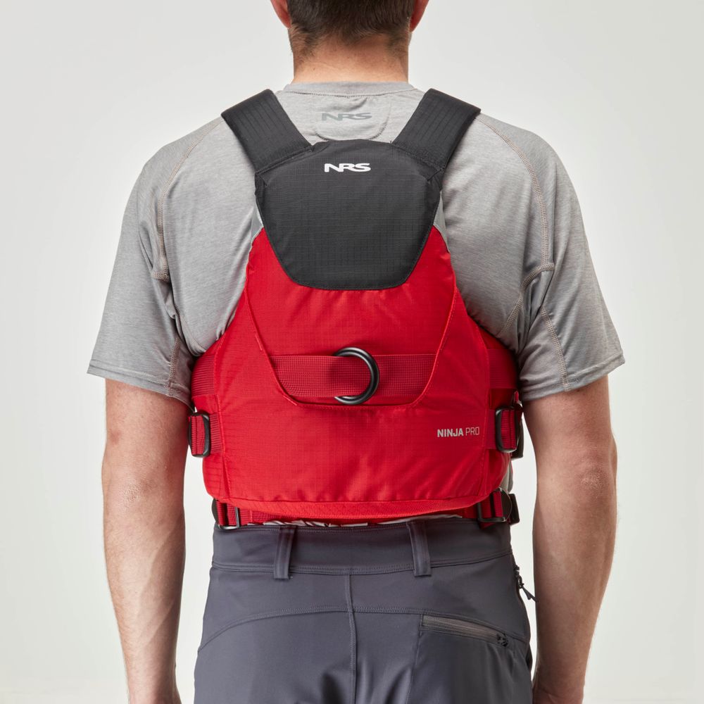 A person in a gray shirt wears the NRS Ninja Pro PFD, shown from the back against a plain background.