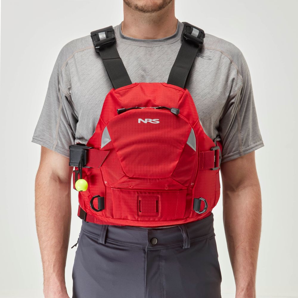 A person wears the NRS Ninja Pro PFD—a red life jacket—over a gray short-sleeve shirt and dark pants, shown from the waist up against a plain background. This top-rated NRS gear is ideal for whitewater paddlers.