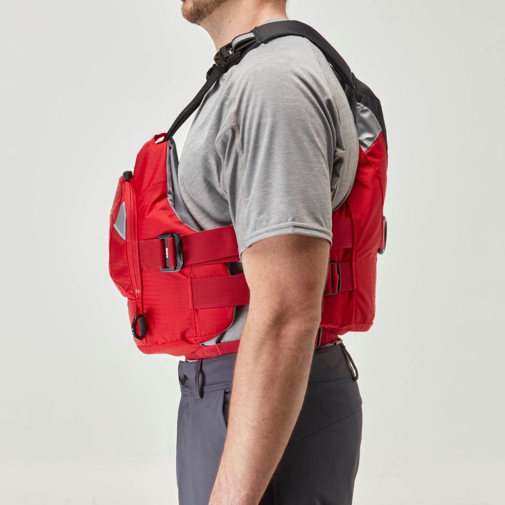 A person models the NRS Ninja Pro PFD over a gray t-shirt and dark pants, shown in a side view against a plain white background.
