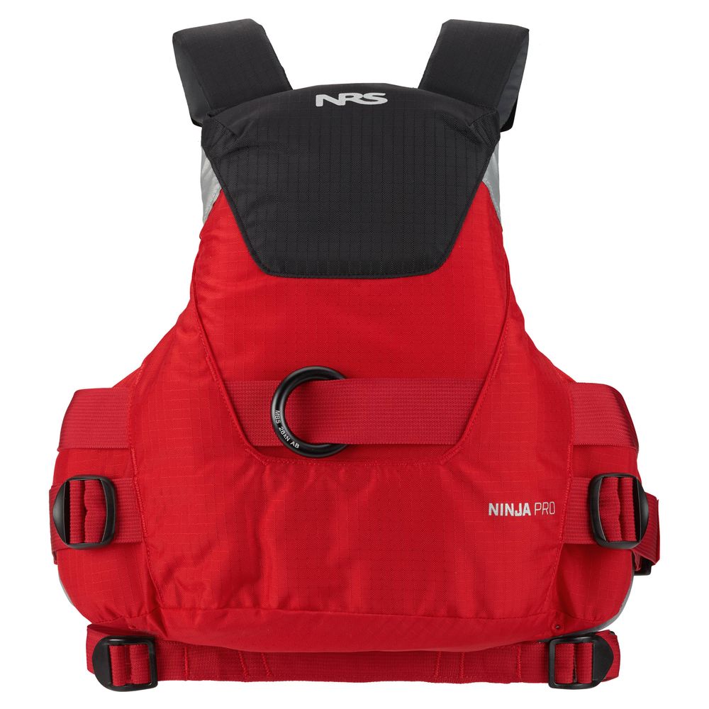 The NRS Ninja Pro PFD is a red and black life jacket featuring adjustable straps, a front ring attachment, and "NINJA PRO" text—ideal for whitewater paddlers seeking safety and high performance.