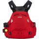 The NRS Ninja Pro PFD is a red rescue vest with black adjustable straps, reflective accents, a front pocket, and a green safety whistle on the left—perfect for whitewater paddlers needing reliable safety and comfort.