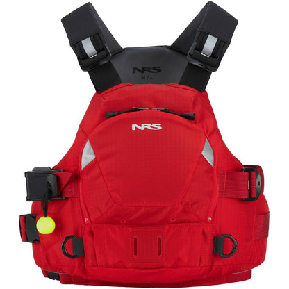 The NRS Ninja Pro PFD is a red rescue vest with black adjustable straps, reflective accents, a front pocket, and a green safety whistle on the left—perfect for whitewater paddlers needing reliable safety and comfort.