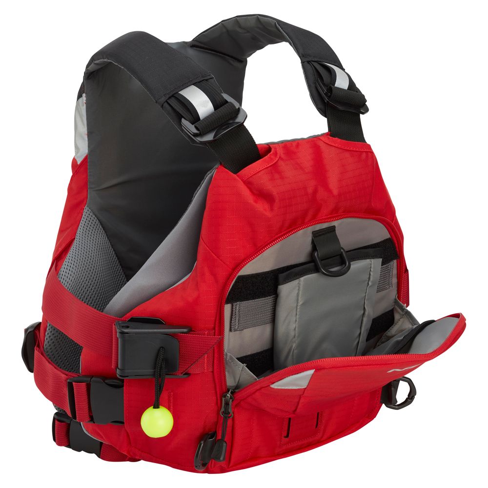 The NRS Ninja Pro PFD is a red and gray life jacket featuring multiple straps, pockets, a safety whistle, and an open front pocket with interior compartments—perfect for whitewater paddlers.