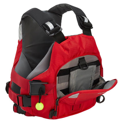 The NRS Ninja Pro PFD is a red and gray life jacket featuring multiple straps, pockets, a safety whistle, and an open front pocket with interior compartments—perfect for whitewater paddlers.