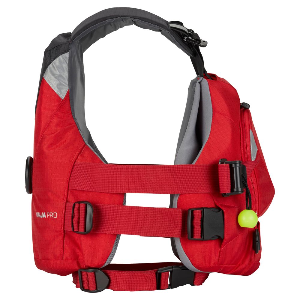 The NRS Ninja Pro PFD features a red exterior, grey lining, black straps with buckle closures, and a small green safety whistle on the right—perfect for whitewater paddlers seeking a reliable rescue vest.