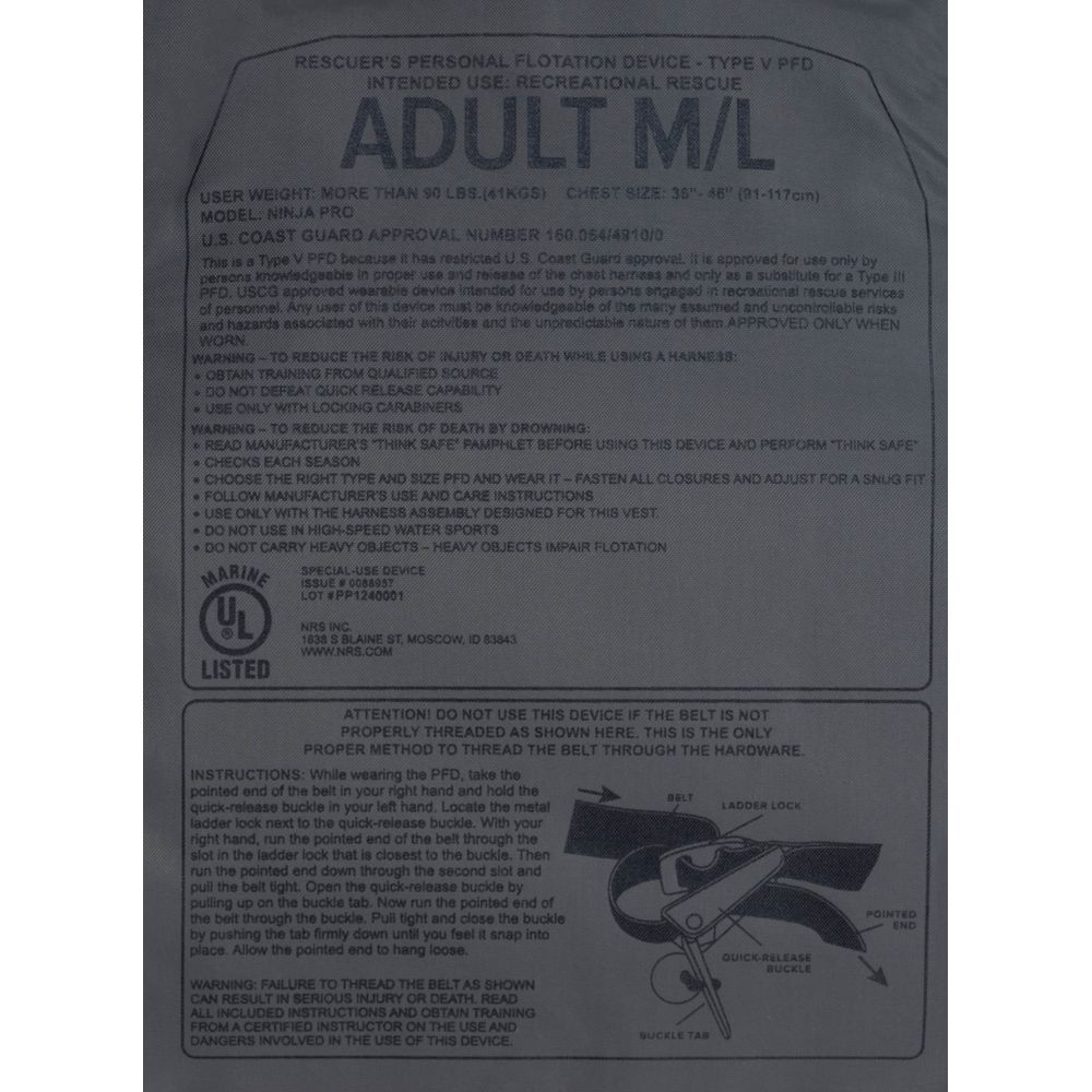 The NRS Ninja Pro PFD label lists US Coast Guard approval, adult size, warnings, instructions, and a diagram showing whitewater paddlers how to thread the belt.