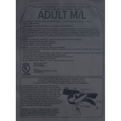 The NRS Ninja Pro PFD label lists US Coast Guard approval, adult size, warnings, instructions, and a diagram showing whitewater paddlers how to thread the belt.