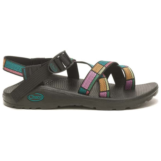 The Chaco ZCLOUD 2 - WOMEN'S sandal features adjustable multicolored webbing straps, a textured sole for outdoor adventures, and the Chaco logo on the side. Color: Black.