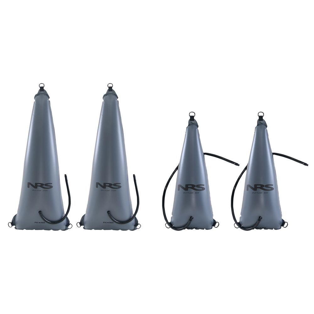Four NRS Split Bow + Stern Float Bags, cone-shaped and gray with inflation hoses, displayed in a row—essential kayak gear for extra buoyancy and safety.