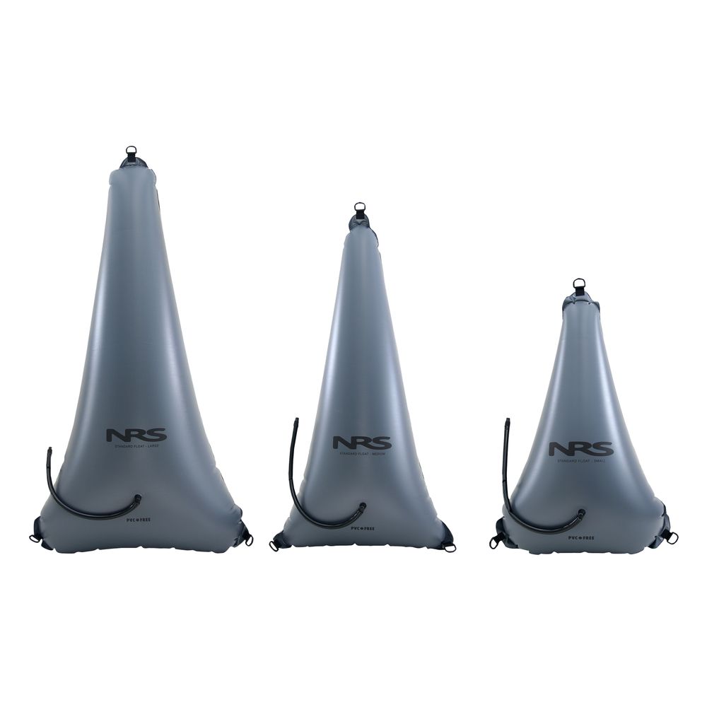The NRS Standard Bow Float Bag set includes three grey inflatable bags in varying sizes, ideal for essential kayak flotation. Featuring a triangular shape with black fittings, each bag prominently displays the NRS logo.