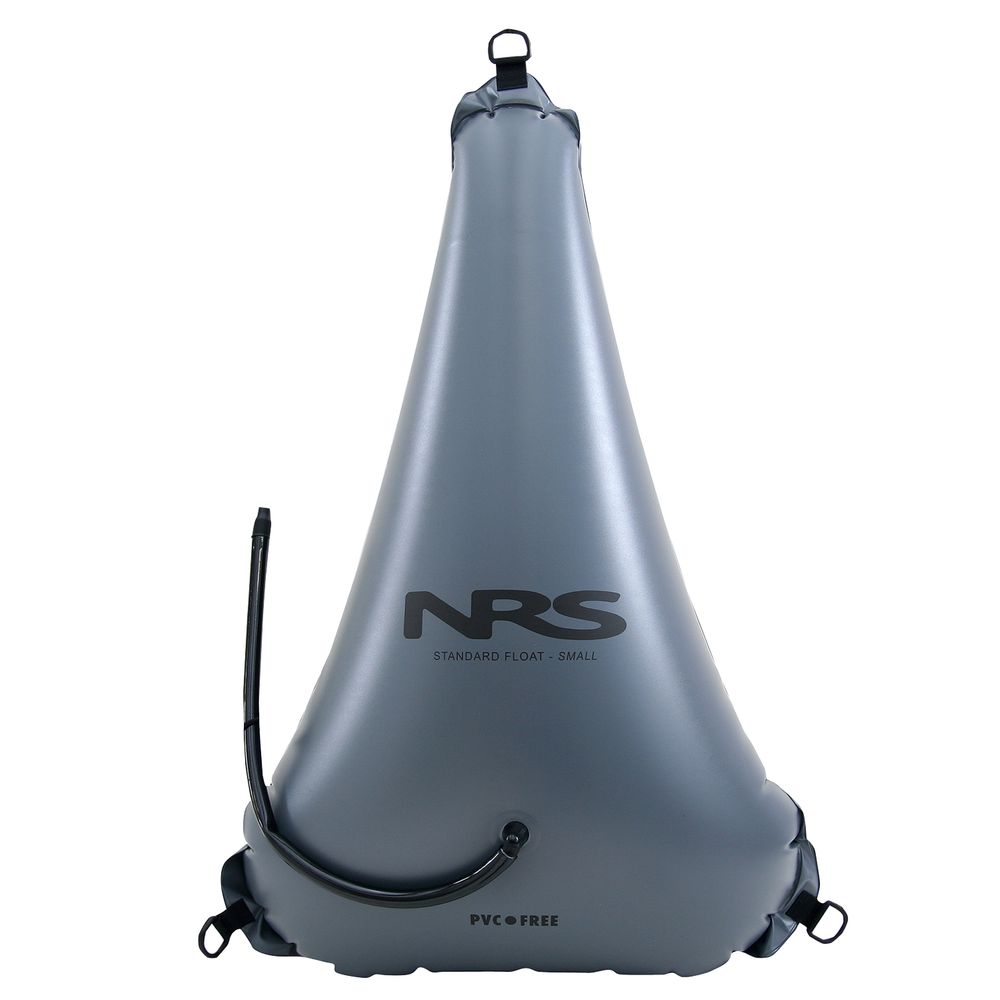 Gray triangular inflatable "Standard Bow Float Bag" by NRS, featuring a hose and tie-down loops for kayak equipment stability and improved flotation.