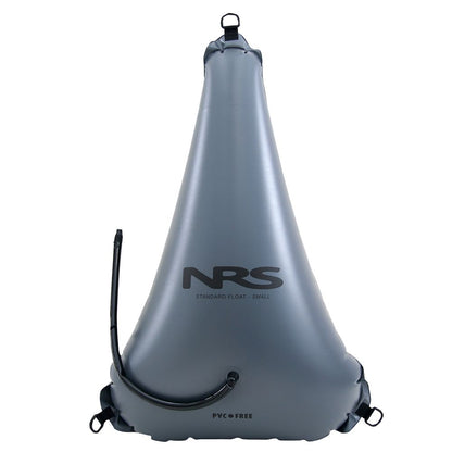 Gray triangular inflatable "Standard Bow Float Bag" by NRS, featuring a hose and tie-down loops for kayak equipment stability and improved flotation.