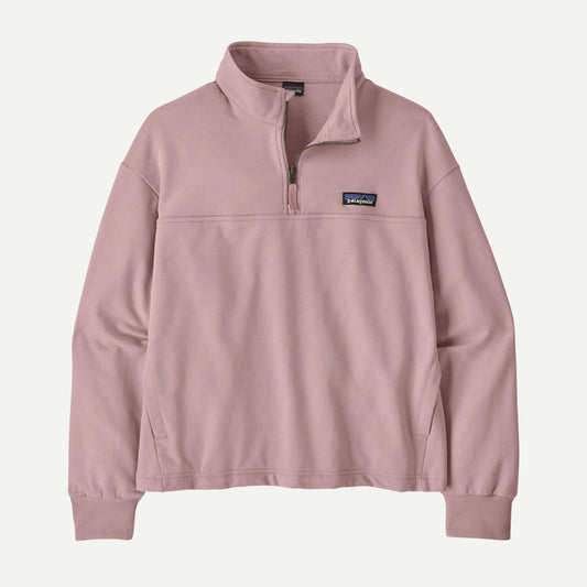 The Patagonia Ahnya Pullover is a light purple quarter-zip with a stand collar and Patagonia logo patch on the left chest.