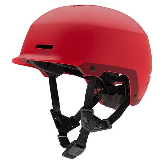 The NRS Neso Helmet is a red protective helmet for water sports and outdoor activities, featuring black adjustable straps and a small visor.