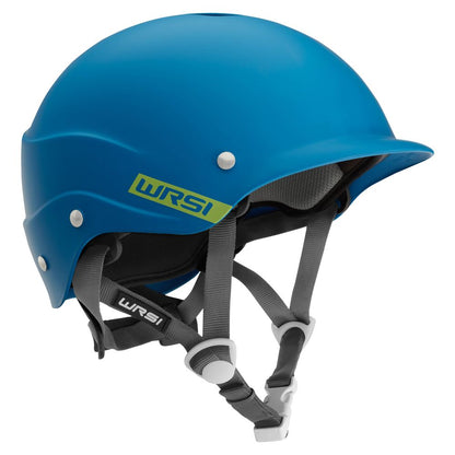 The NRS Current Helmet in blue includes an Interconnect Retention System, gray straps, and white buckles for a secure fit and style. Its multi-impact shell enhances protection for any adventure.
