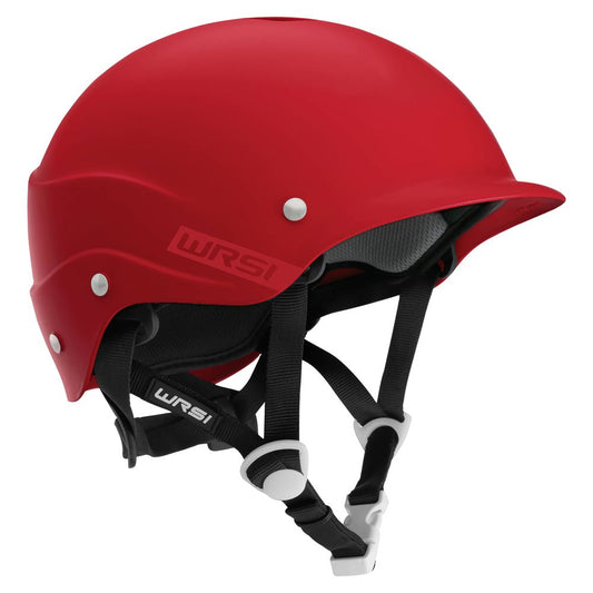 The NRS Current Helmet is a red safety helmet featuring a multi-impact shell, black adjustable straps, and white buckles.