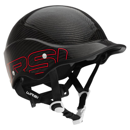 The NRS Trident Helmet has a carbon fiber build with a black and red design, EVA foam fit pads for better impact absorption, adjustable straps, and a clip closure on the chin strap for secure fitting.