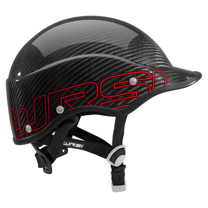 The NRS Trident Helmet features a black carbon-fiber design with red "WRSI" lettering, a chin strap, and ventilation holes for optimal airflow. Enhanced with EVA foam fit pads, it ensures impact absorption, safety, and comfort on every ride.