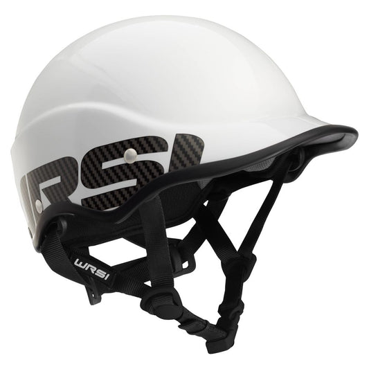 The NRS Trident Helmet, with a white carbon fiber shell, boasts black adjustable straps and padding. It features a sleek side design and a glossy finish, enhanced by EVA foam fit pads for superior impact absorption.