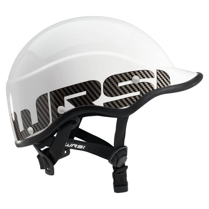 The Trident Helmet by NRS has a white and black design with the "WRSI" logo, an adjustable chin strap, carbon fiber accents for style, and EVA foam fit pads for superior comfort and impact absorption.