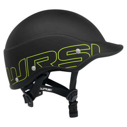 The Trident Helmet by NRS is black with neon yellow "WRSI" lettering, adjustable chin straps, and a short curved brim. It's enhanced with EVA foam fit pads for comfort and impact absorption on every adventure.
