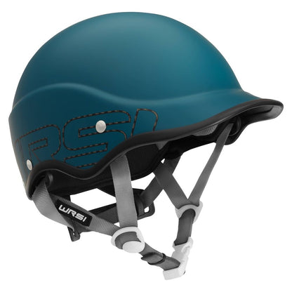 The NRS Trident Helmet, featuring a teal design with grey adjustable straps and a black edge, is crafted for water sports safety and includes EVA foam fit pads to enhance impact absorption.