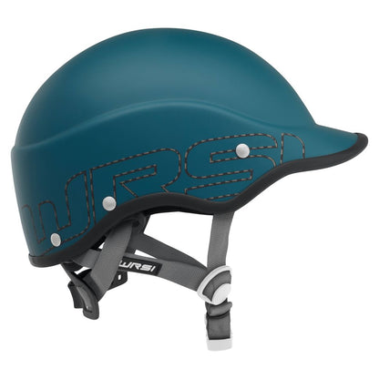The Trident Helmet by NRS is a blue helmet with a short brim, adjustable gray chin strap, white side lettering, and EVA foam pads for comfort and impact absorption.
