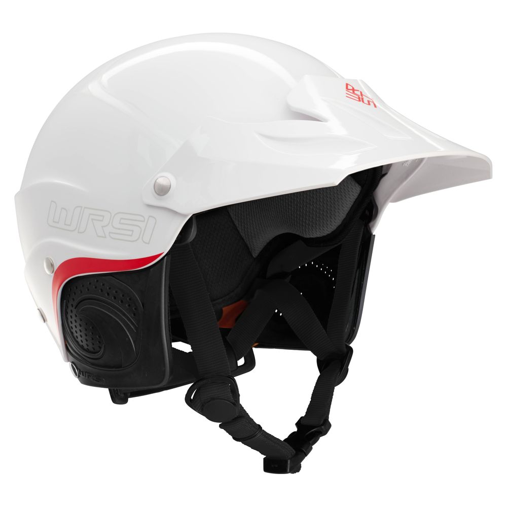 The NRS Current Pro Helmet showcases a white design with red detail, an adjustable black chin strap, cushioned interior, and the Interconnect Retention System for improved safety.