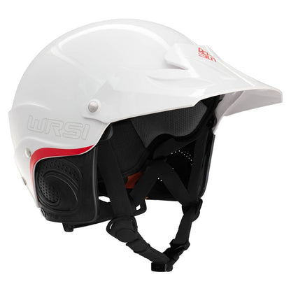 The NRS Current Pro Helmet showcases a white design with red detail, an adjustable black chin strap, cushioned interior, and the Interconnect Retention System for improved safety.