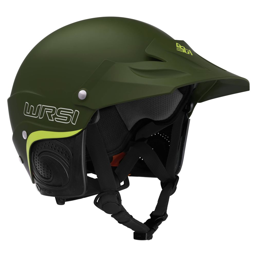 The NRS Current Pro helmet in green and black features advanced safety elements like a chin strap, visor, and Interconnect Retention System, perfect for outdoor activities.