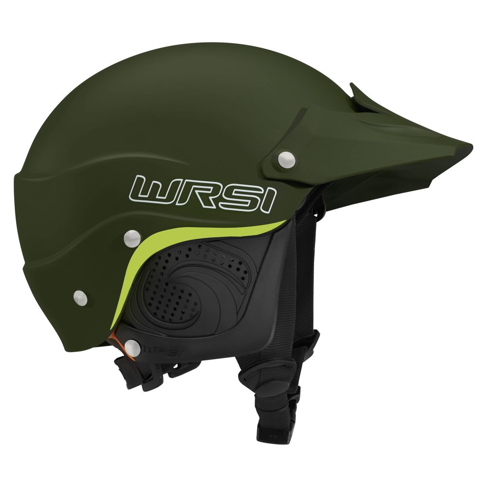 The NRS Current Pro Helmet features a green WRSI design with a black adjustable chin strap, side padding, green accent, and visor. It includes robust safety enhancements such as the Interconnect Retention System for added security in water sports.