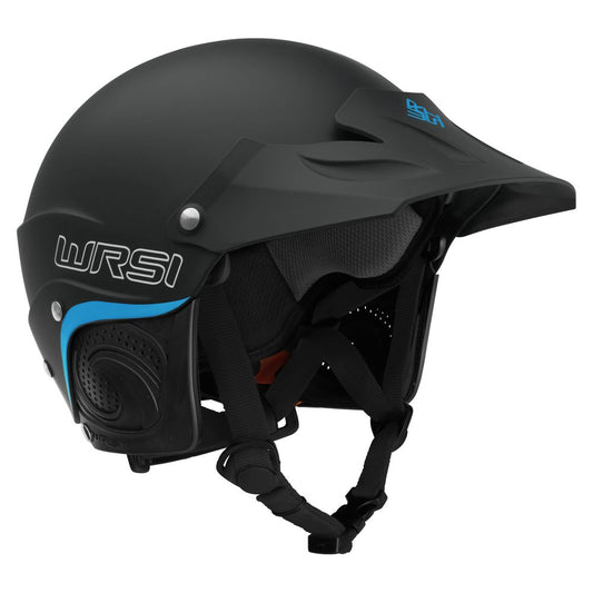 The NRS Current Pro Helmet in black with blue accents provides enhanced safety with its Interconnect Retention System, secure chin strap, and a sleek visor for extra protection and style.