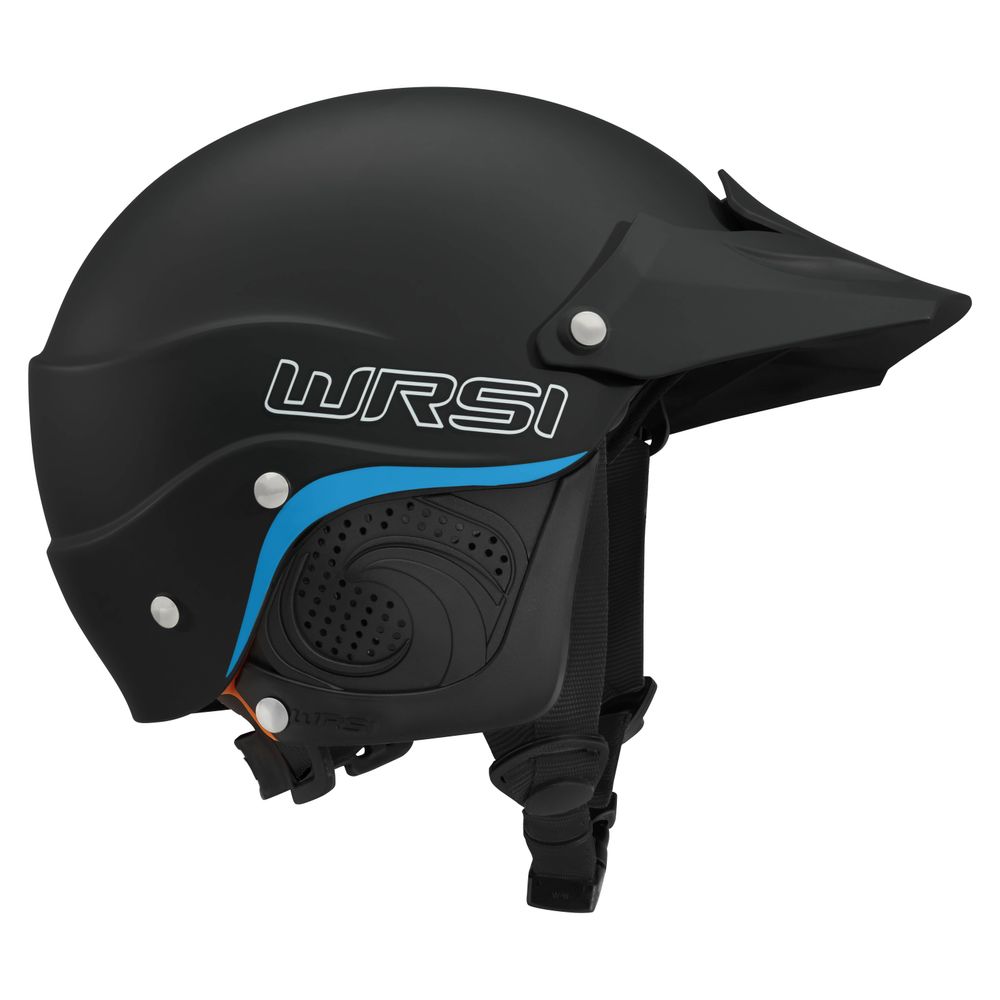 A side view of the black NRS Current Pro Helmet with blue accents features adjustable chin straps and an Interconnect Retention System for enhanced safety.