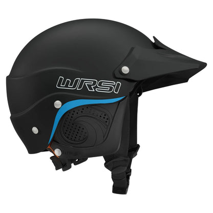 A side view of the black NRS Current Pro Helmet with blue accents features adjustable chin straps and an Interconnect Retention System for enhanced safety.
