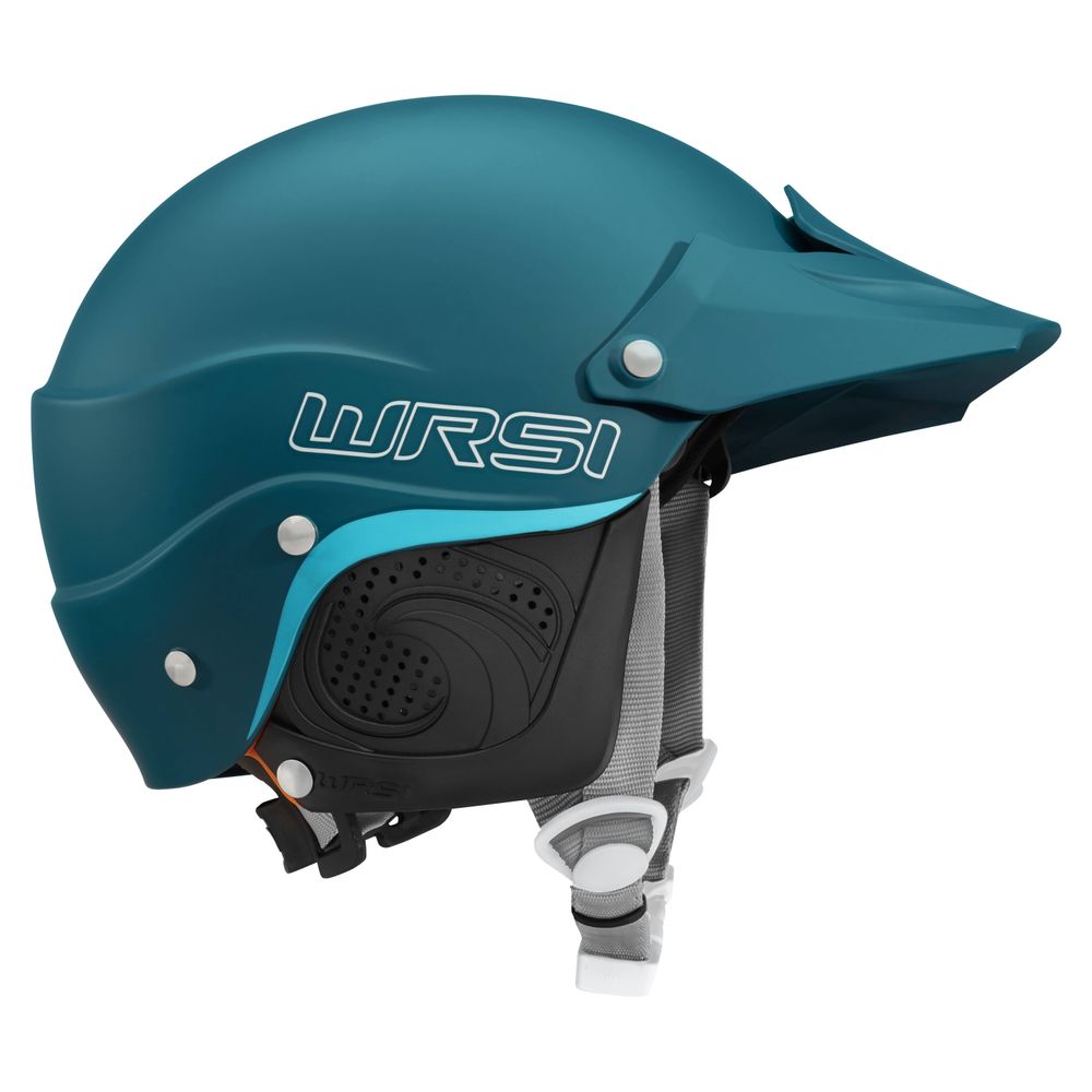 The NRS Current Pro Helmet in turquoise features a visor, adjustable chin strap, and the Interconnect Retention System for advanced safety, offering maximum protection and comfort to water sports enthusiasts.