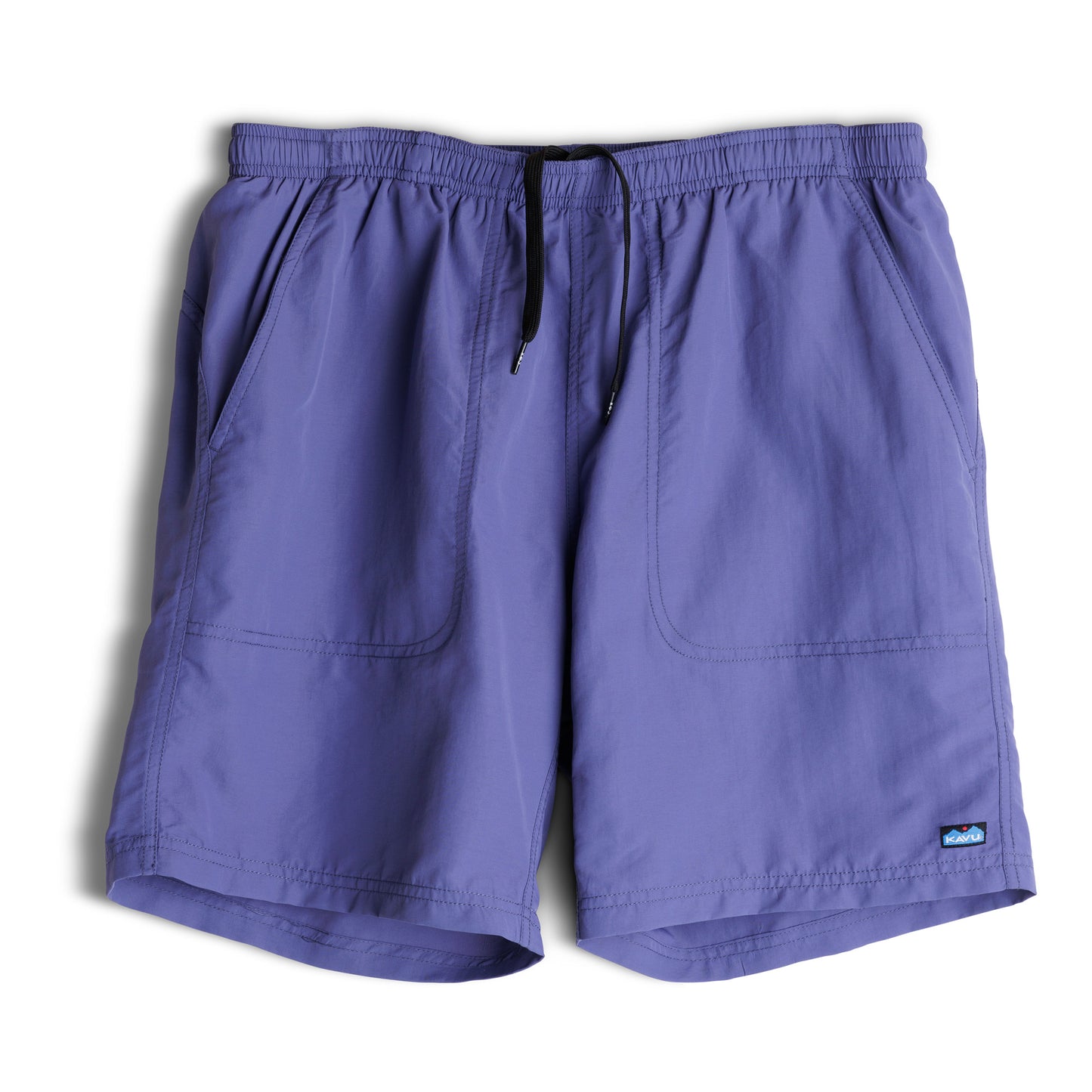 The Kavu River Short by Kavu is a light purple men’s swim short made from quick-dry recycled nylon, featuring an elastic waistband, side pockets, black drawstring, and a small rectangular logo tag on the lower left hem.
