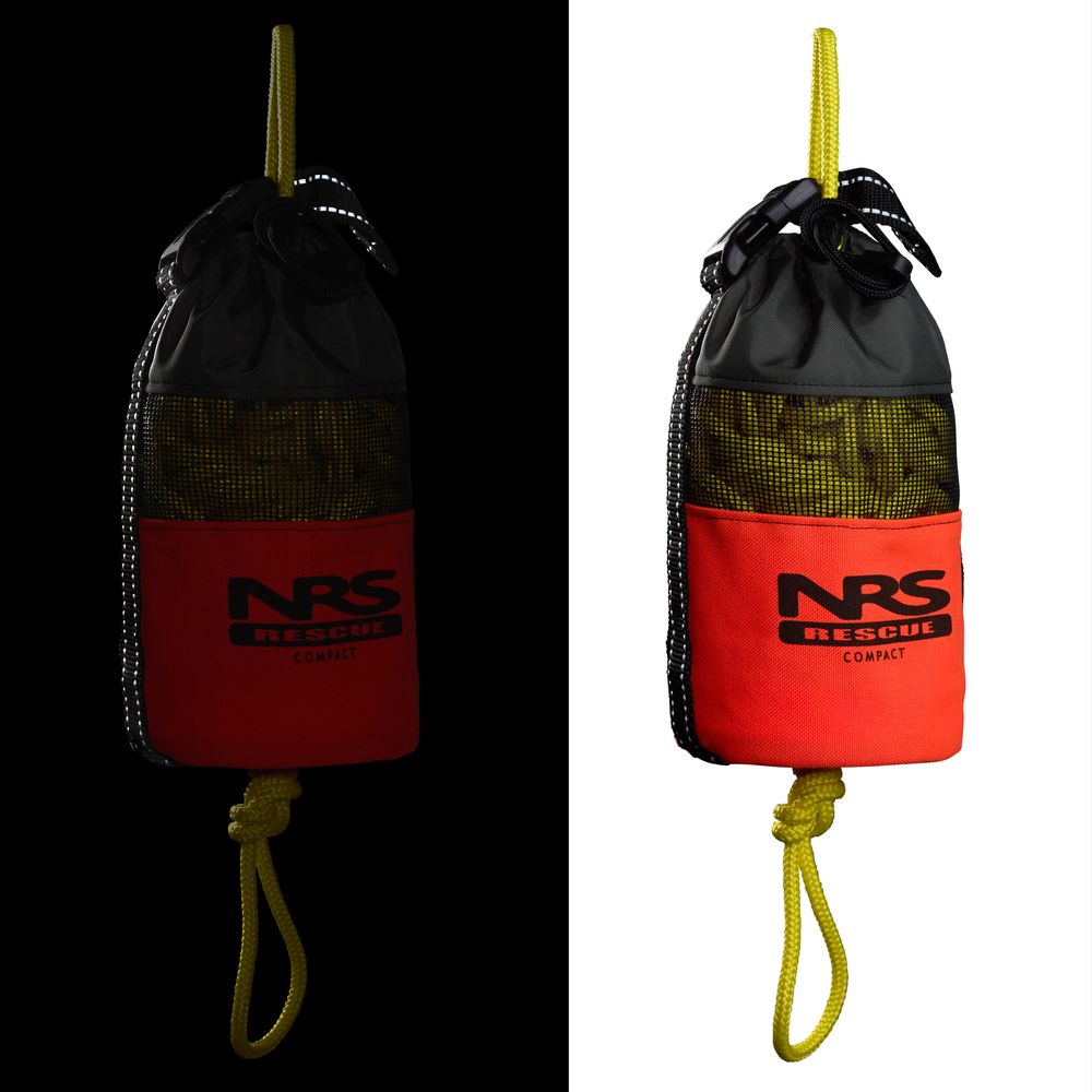 The Compact Rescue 70' Throw Bag by NRS is a swiftwater emergency essential, featuring a black top, red body with the NRS logo, and a yellow rope against a split black and white background.