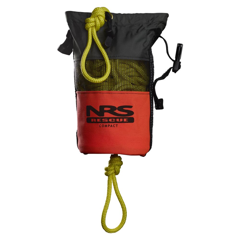 The Compact Rescue 70' Throw Bag by NRS features a red label, black mesh sides, and a yellow rope, expertly crafted for swiftwater emergencies and whitewater rescue.