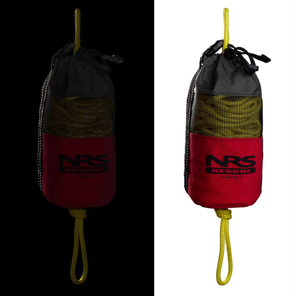 The NRS Compact Rescue 70' Throw Bag features a red base and yellow rope, ideal for swiftwater emergencies. Its half black, half white background highlights its essential design.