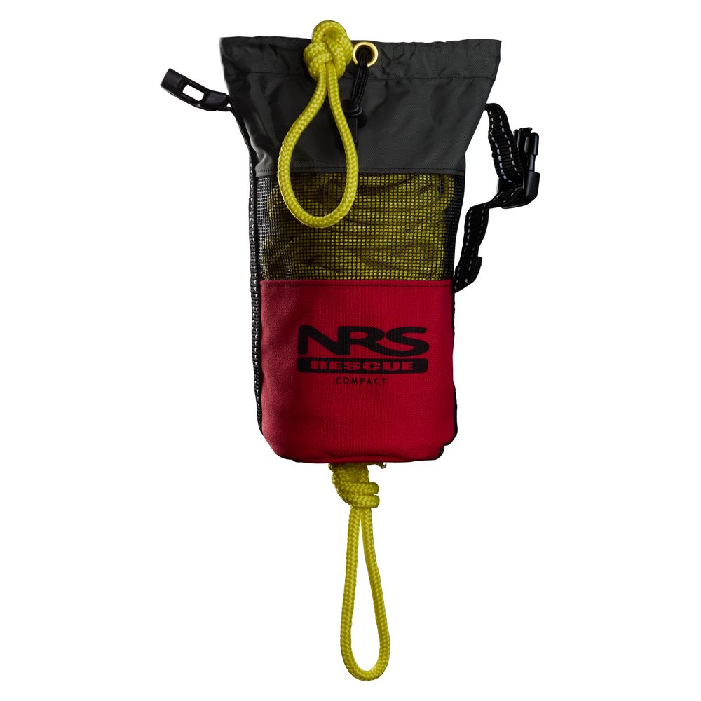 The NRS Compact Rescue 70' Throw Bag is red and black with a bright yellow rope and features the NRS logo and a clip for secure attachment, designed for swiftwater emergencies.