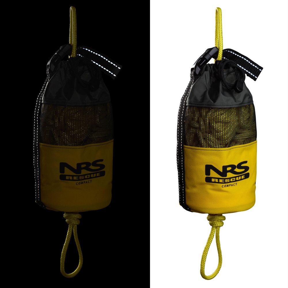 On a split black and white backdrop, the NRS Compact Rescue 70' Throw Bag, in yellow and black with reflective elements, stands out, ideal for swiftwater emergencies.