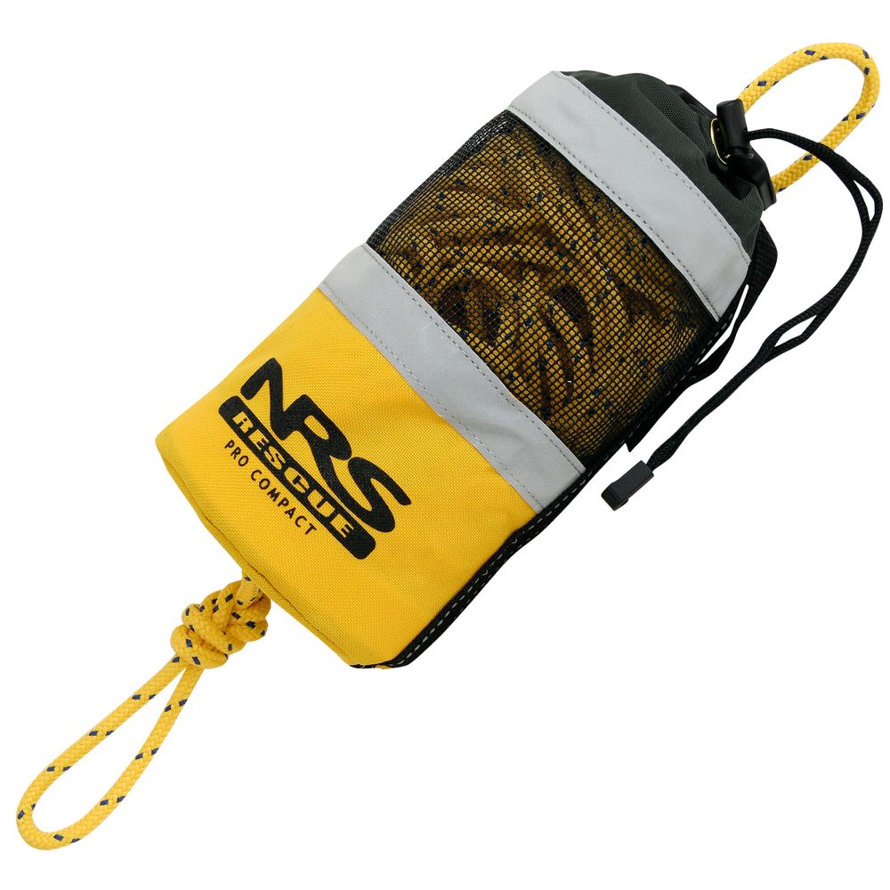 The NRS Pro Compact Rescue Throw Bag 70' is yellow and black, with a water rescue rope, mesh panel, and adjustable strap, perfect for swiftwater rescue scenarios.