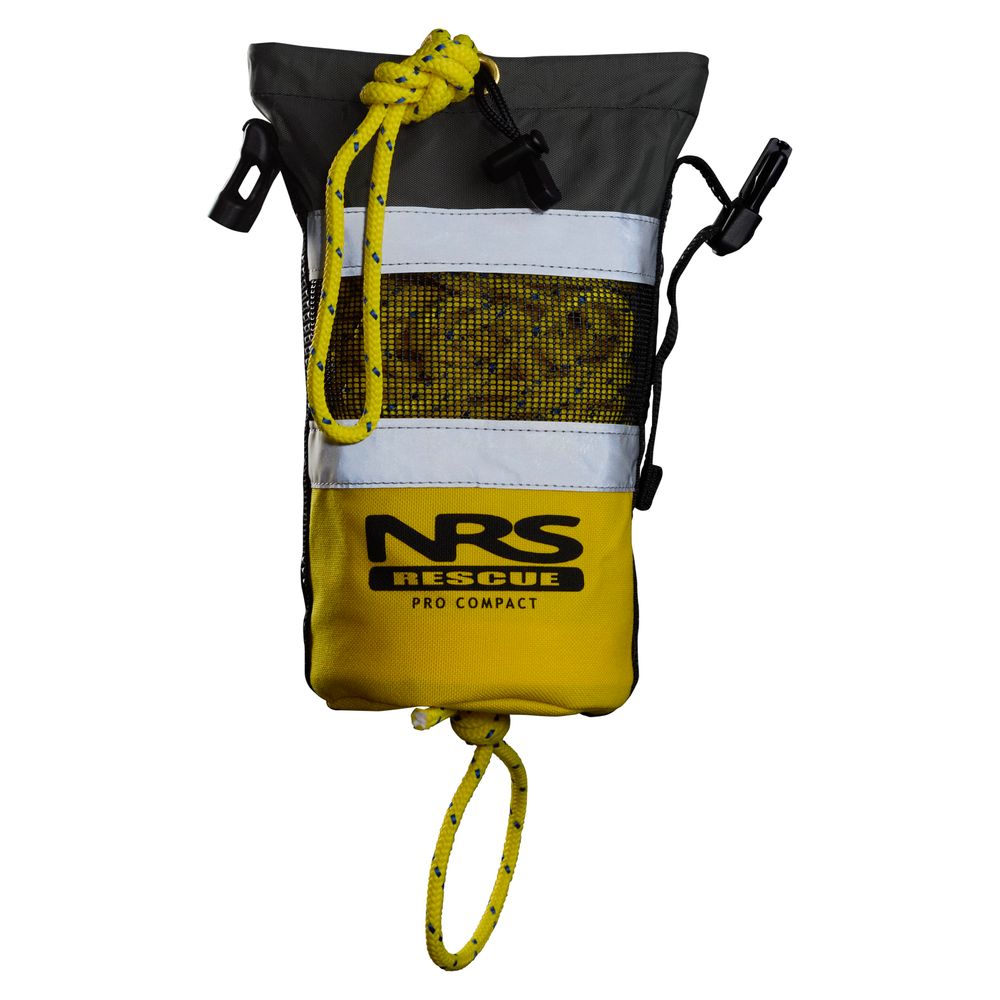 The yellow and gray NRS Pro Compact Rescue Throw Bag 70' is crafted for swiftwater rescue and includes a sturdy water rescue rope and a convenient mesh section.