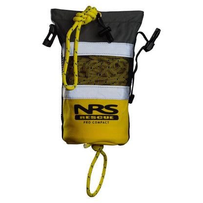 The yellow and gray NRS Pro Compact Rescue Throw Bag 70' is crafted for swiftwater rescue and includes a sturdy water rescue rope and a convenient mesh section.