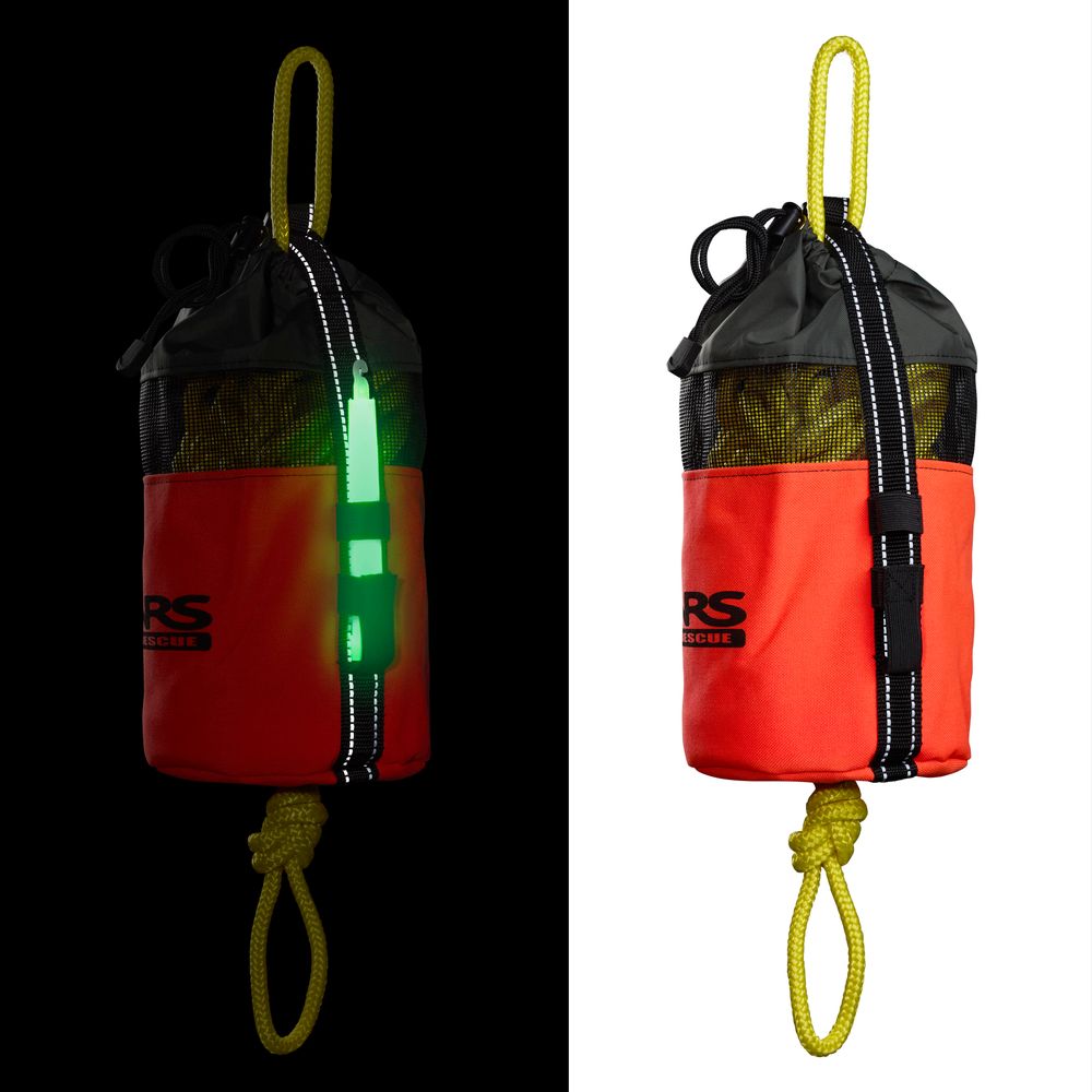 Two images of the NRS Standard Rescue Throw Bag 75': left shows it glowing in the dark, right in full light. Made from orange Cordura Nylon with mesh top, black accents, and durable yellow polypropylene rope loop.