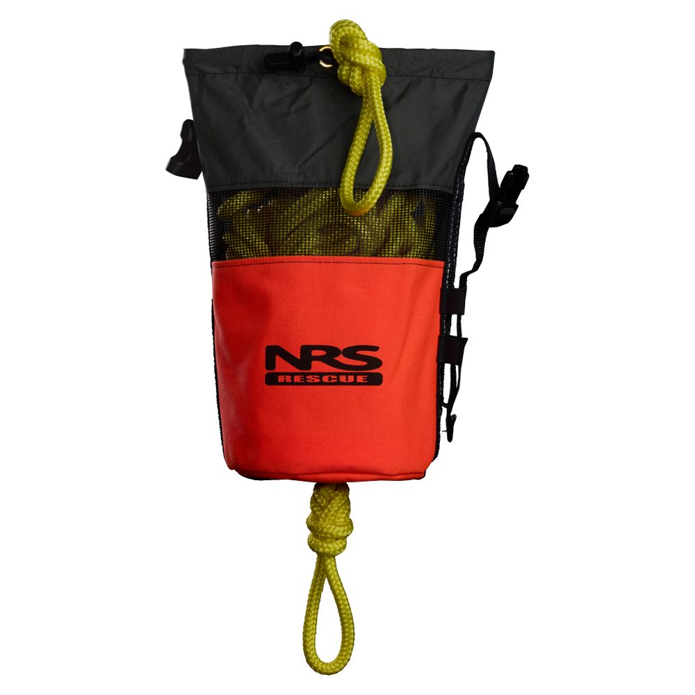 The NRS Standard Rescue Throw Bag 75' is orange and black, made with durable Cordura Nylon, and features a highly visible bright yellow polypropylene rope looped at the top and bottom for emergencies.