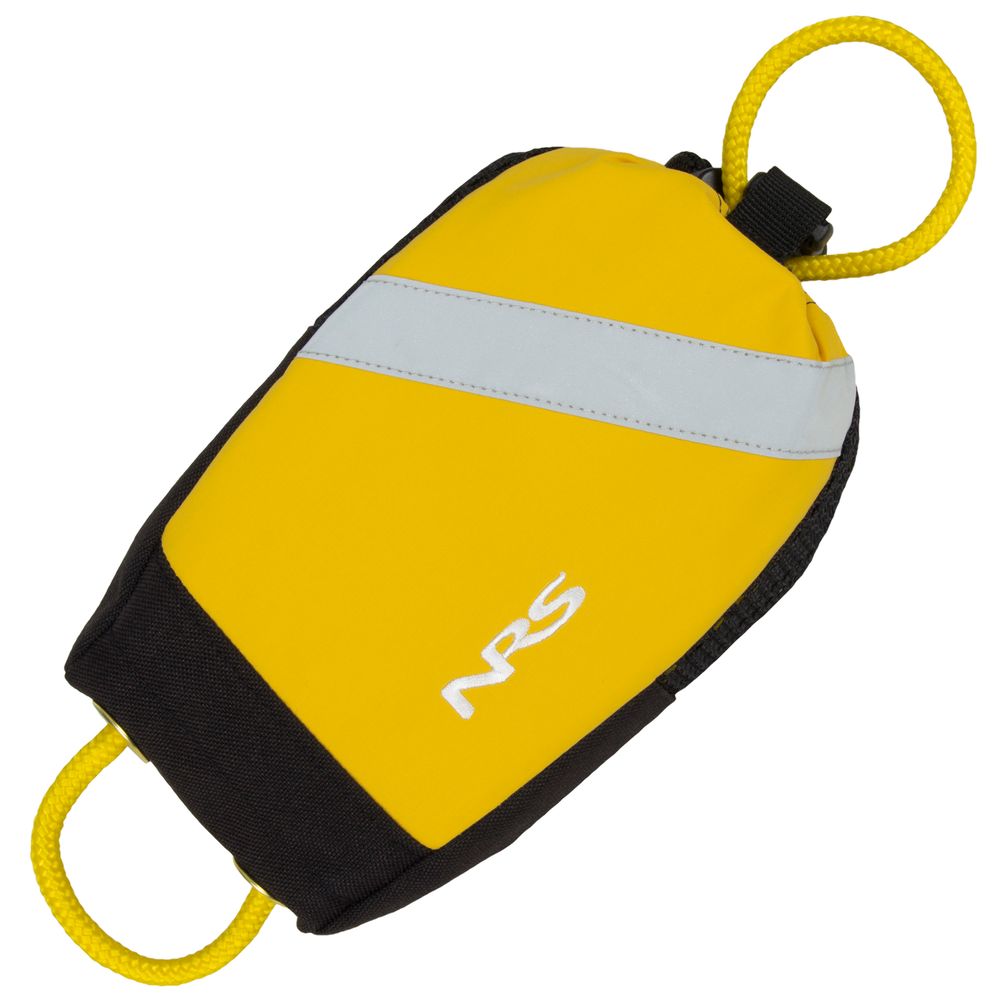 The NRS Wedge Rescue Throw Bag 55' is yellow and black with a compact design, featuring a sturdy rope handle made from floating polypropylene rope and a reflective strip.