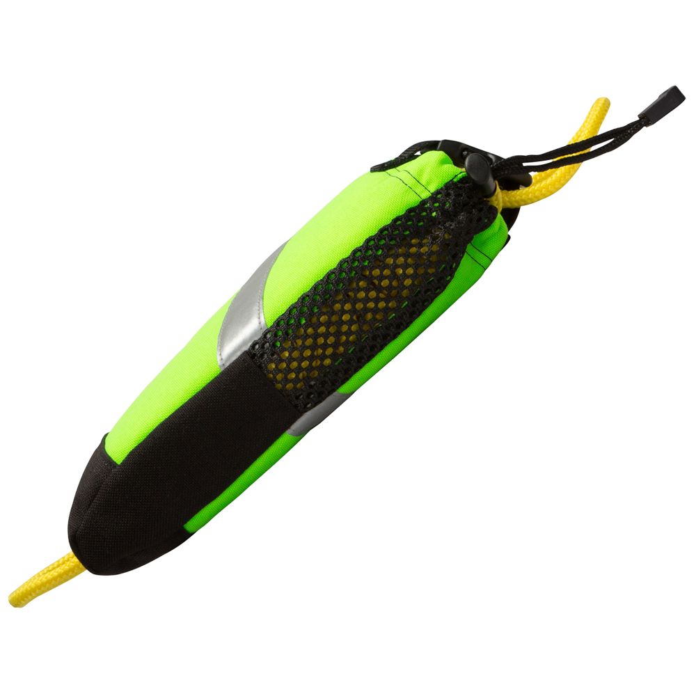 The NRS Wedge Rescue Throw Bag 55' features a compact green and black flotation device with a yellow floating polypropylene rope and a mesh pocket.