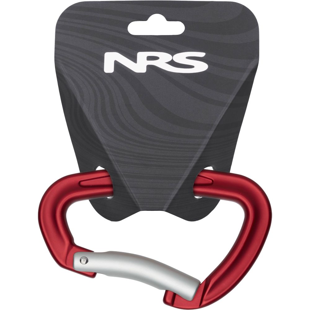 The Sliq Carabiner from NRS is a lightweight, metallic red carabiner featuring a secure screw-lock mechanism and a silver clasp, presented on a black, triangular NRS-branded backing card.