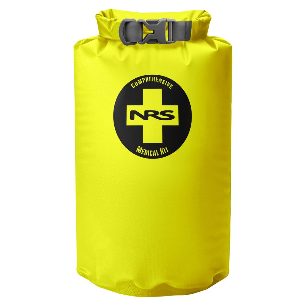 The NRS Comprehensive Medical Kit comes in a bright yellow dry bag with a black buckle and a round black logo featuring a yellow cross and text—ideal for emergency survival gear.